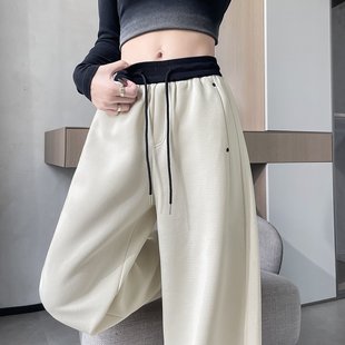 已出货2026春季新款高腰显瘦阔腿弯刀裤时尚撞色抽绳镰刀休闲卫裤