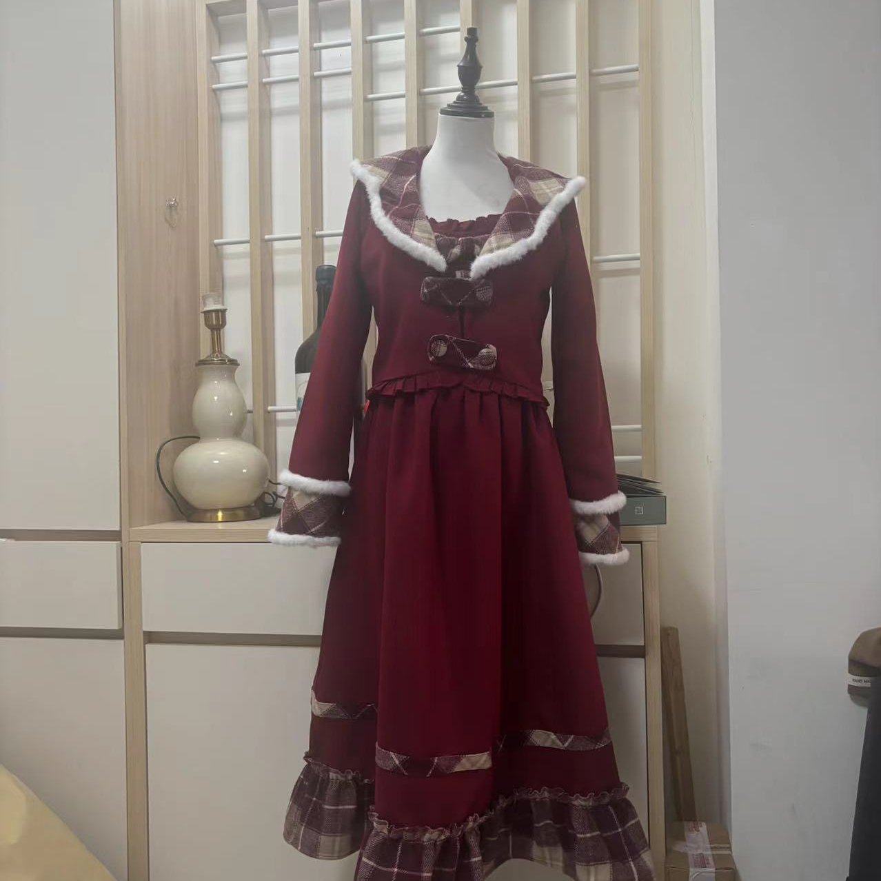 Blovelan圣诞颂歌酒红格纹拼接减龄大摆吊带连衣裙+外套新年套装,女装/女士精品,时尚套装,淘宝优惠券,粉丝福利购,淘宝优惠卷
