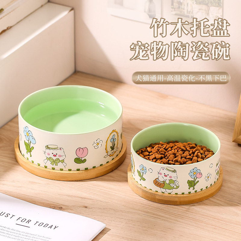 猫咪陶瓷碗卡通猫碗陶瓷原木底座防滑防打翻大口径水碗猫咪碗