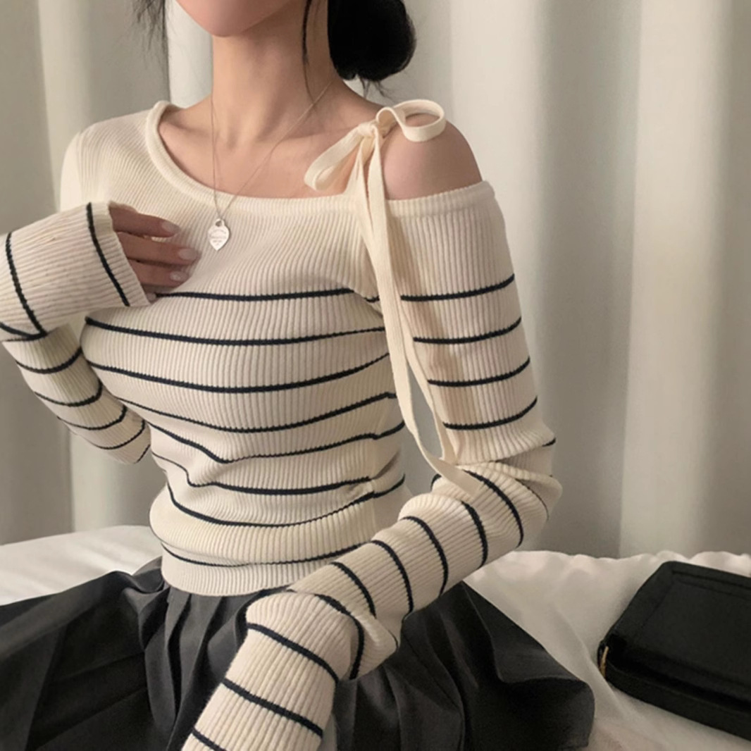 韩系chic春秋小众露肩绑