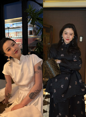 DUO智仙生 黑标千山翡 白色雾绕和黑色蝴蝶兰刺绣旗袍与中式棉服