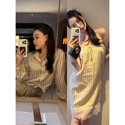 DUO智仙生 黑标 智性恋黄色条纹明媚丝质衬衫和花边蕾丝裙套装