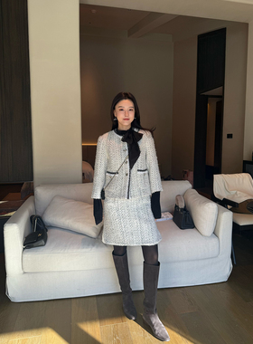 DUO智仙生 黑标 煎盐叠雪 白色粗花呢外套和背带连衣裙