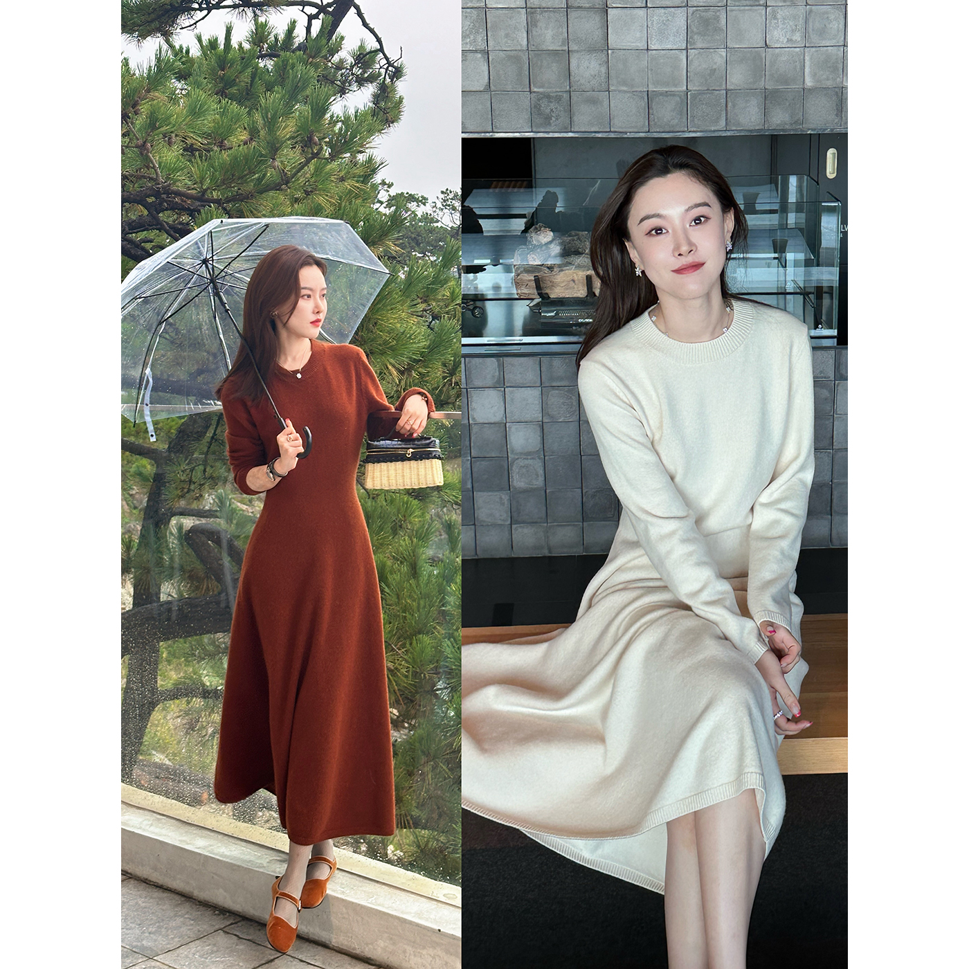 DUO智仙生 无限温柔的冬 栗子棕和暖白纯羊毛针织长裙