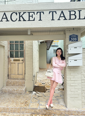 DUO智仙生 非正式学院樱花粉和蓝黑针织开衫和短裙套装