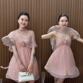 DUO智仙粉标少女雏菊淡粉色真丝混纺印花吊带连衣裙和夏日小披肩