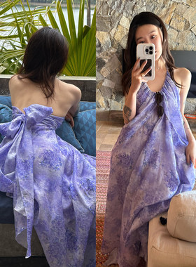 DUO智仙生无尽夏天天然莱赛尔亚麻露背度假连衣裙 绣球花和抹茶灰
