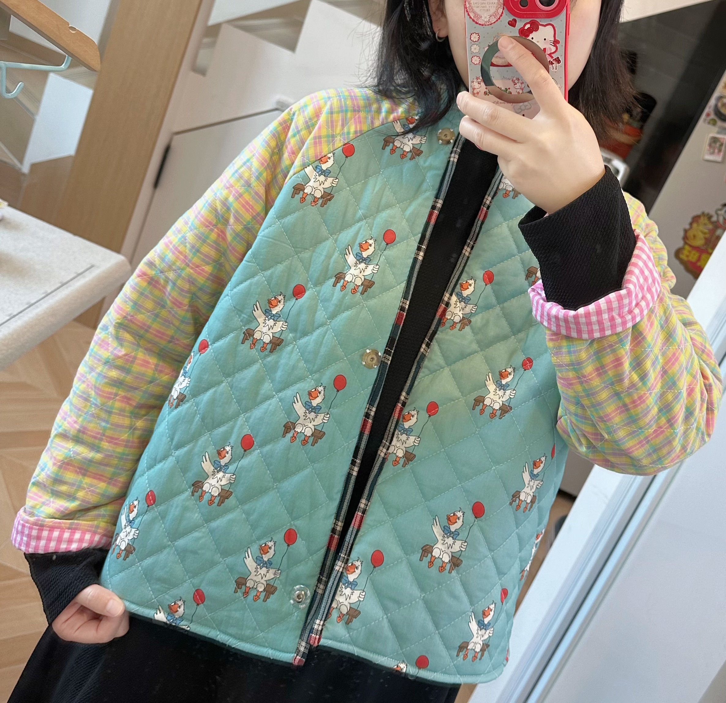 手作孤品蓝粉复古童话拼布可爱鸭鸭绗缝夹棉棉服棉袄外套-