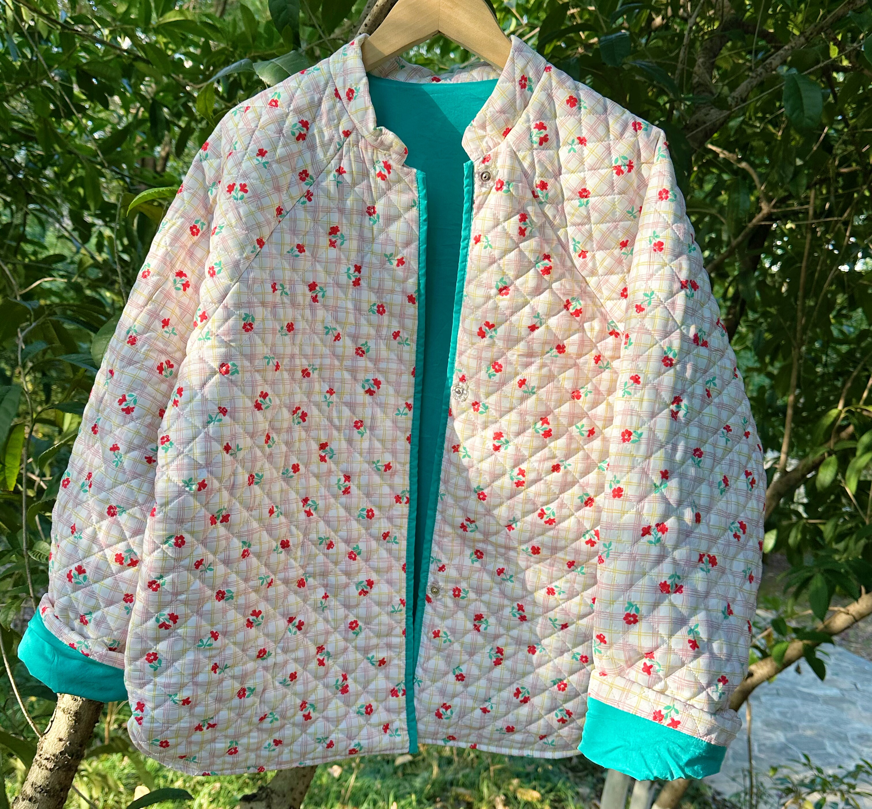 手作孤品 蓝绿拼色 花花绗缝森系度假夹棉 棉服棉袄外套-