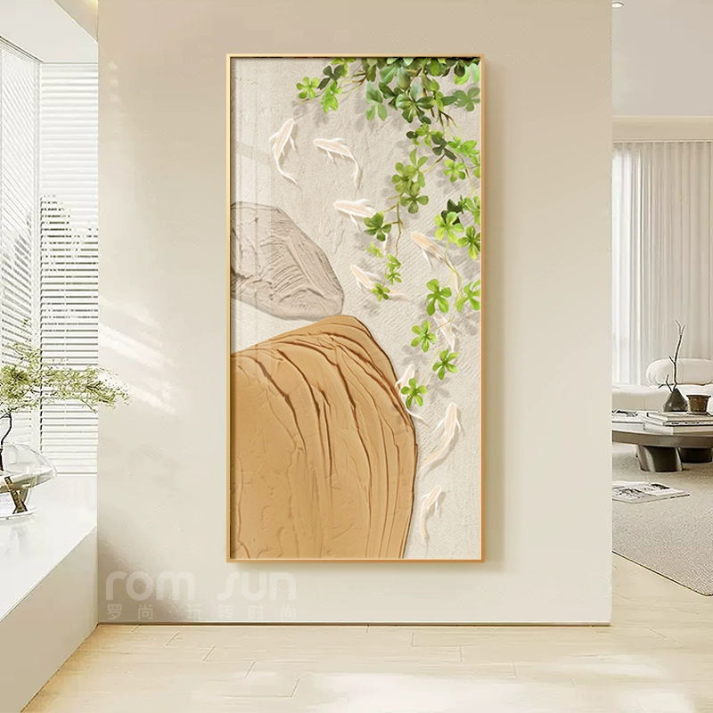 北欧轻奢入户玄关装饰画现代简约九鱼图客厅壁画走廊过道竖款挂画图片
