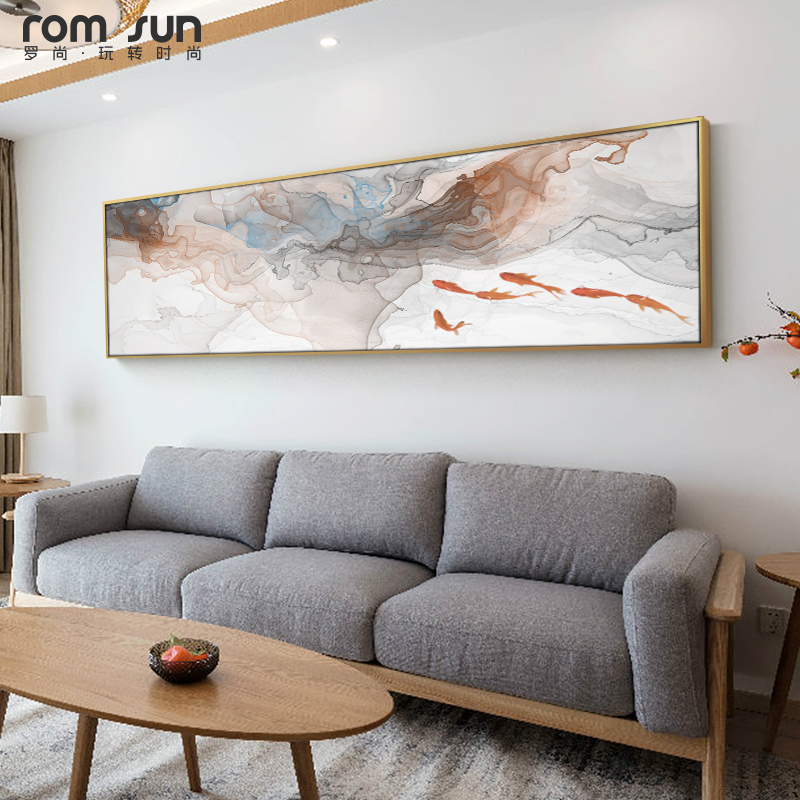 新中式沙发背景墙九鱼图客厅装饰画