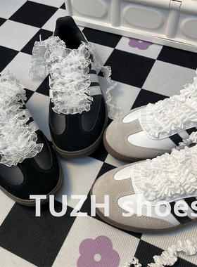 芭蕾风德训鞋T头鞋木耳边花边鞋带可爱少女褶皱丝带白色黑色鞋绳