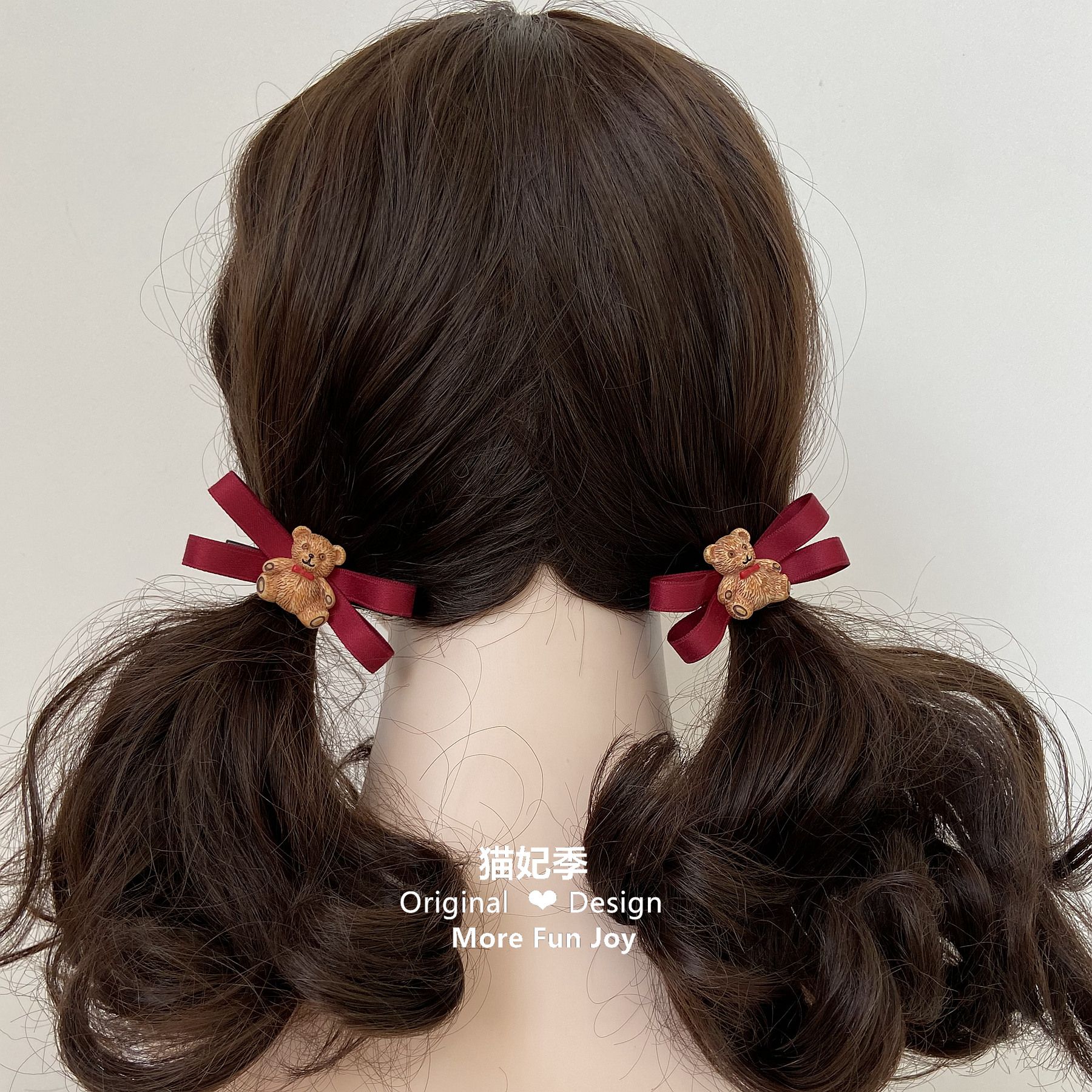 ins可爱酒红色蝴蝶结小熊边夹