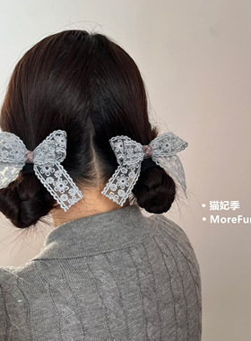 春夏芭蕾风灰色蕾丝蝴蝶结发夹刘海侧边夹少女发饰双马尾法式2025