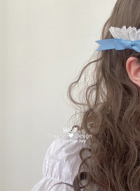 Romance~甜美蓝色蝴蝶结白蕾丝发夹刘海侧边夹少女头饰闺房风发饰