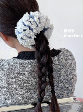 绣球~蓝色千鸟格褶皱边大肠发圈春夏温柔芭蕾风头绳马尾丸子头饰