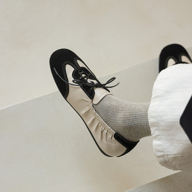 Nettle 法式~复古风真皮系带德训鞋女拼色圆头平底休闲单鞋百搭,女鞋,深口单鞋,淘宝优惠券,粉丝福利购,淘宝优惠卷