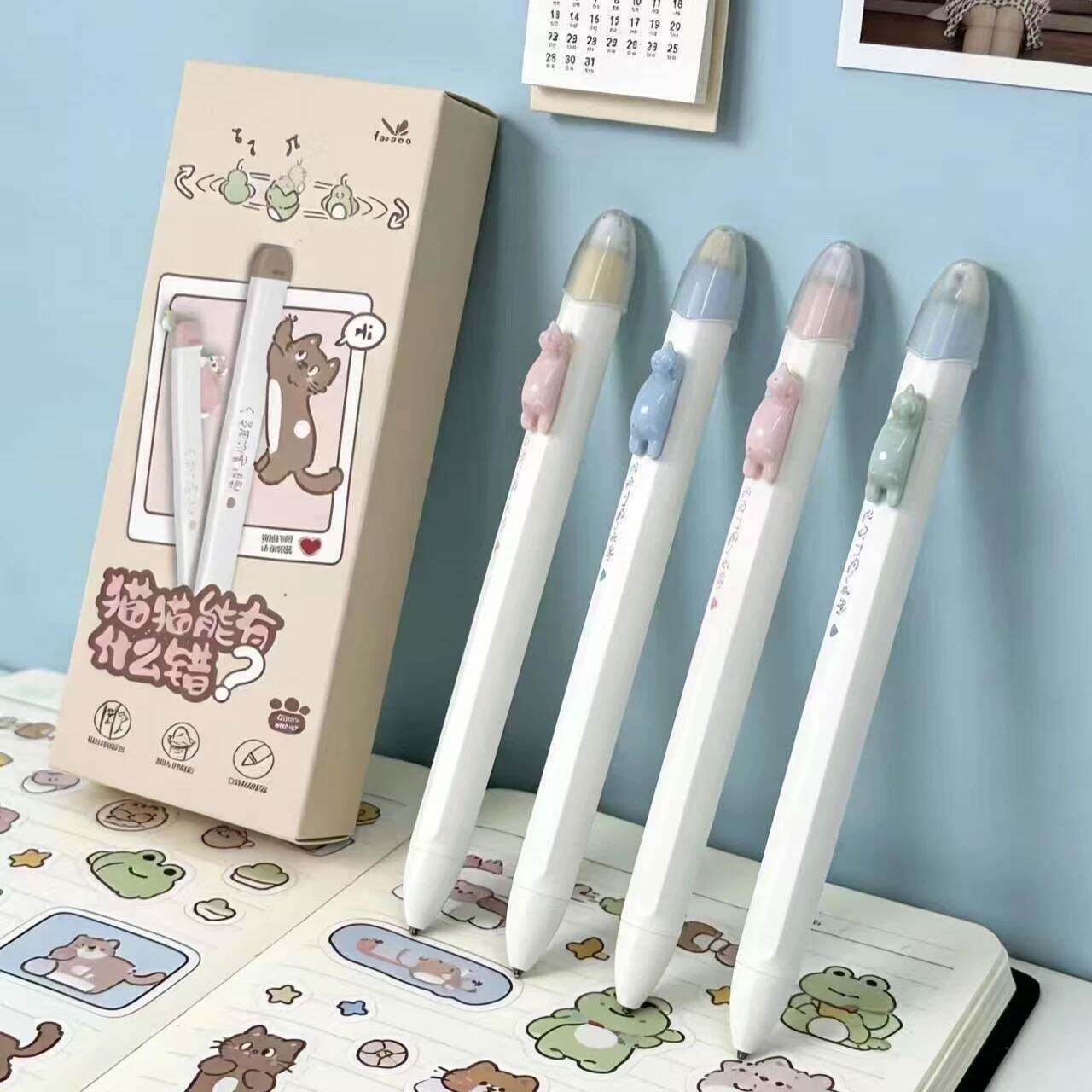 凡物象磁吸小鸟可爱按动中性笔创意少女CS头刷题笔猫咪黑色水性笔