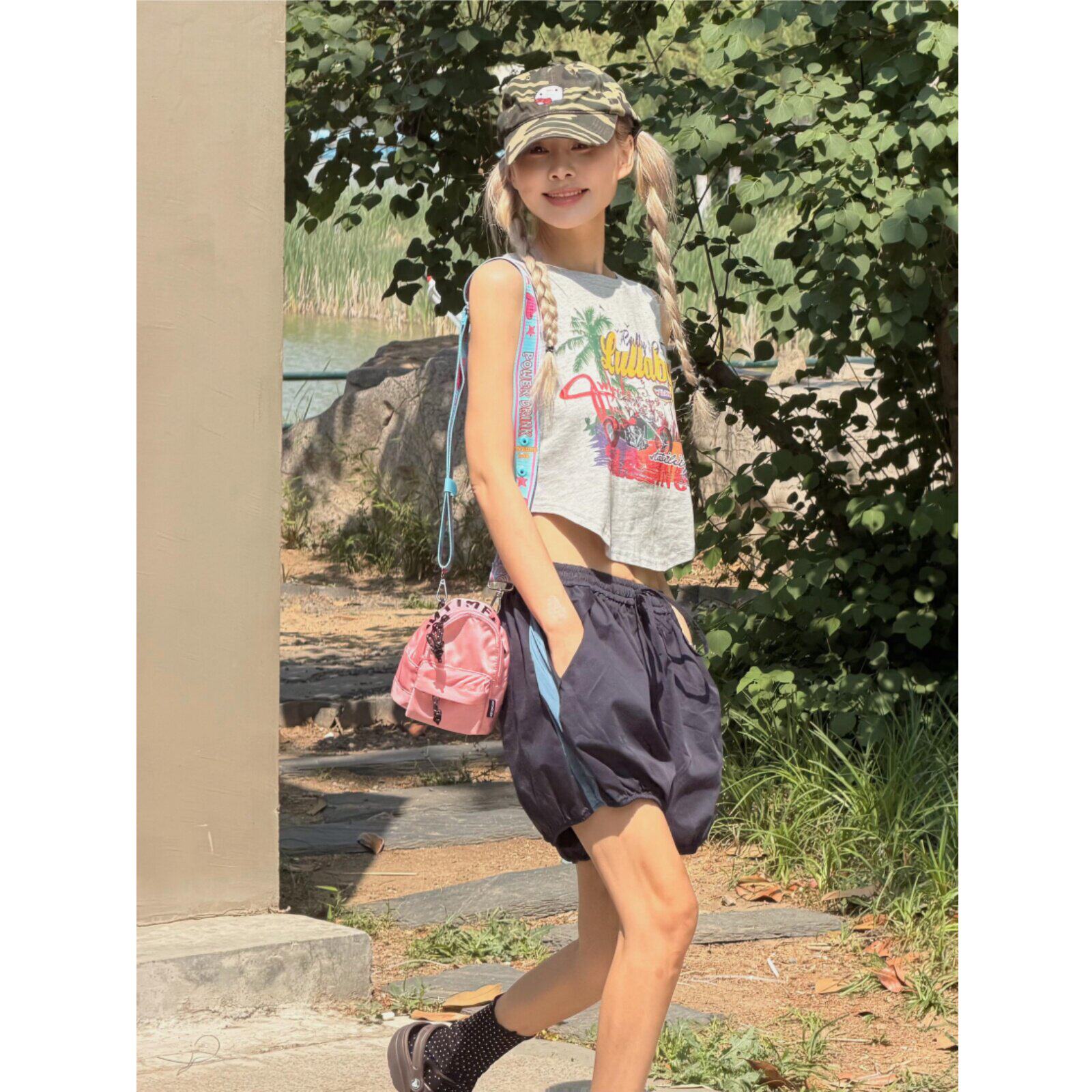 美式复古度假风椰树汽车印花背心女夏季辣妹短款无袖百搭T恤上衣