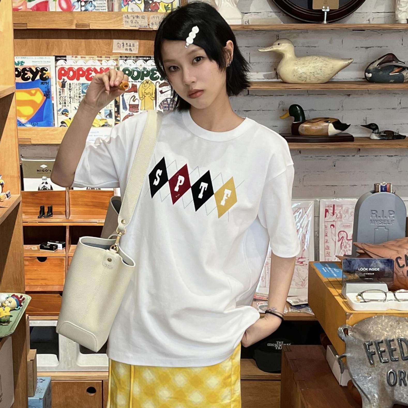 韩系小众简约彩色字母印花慵懒休闲宽松纯棉舒适短袖T恤上衣女夏
