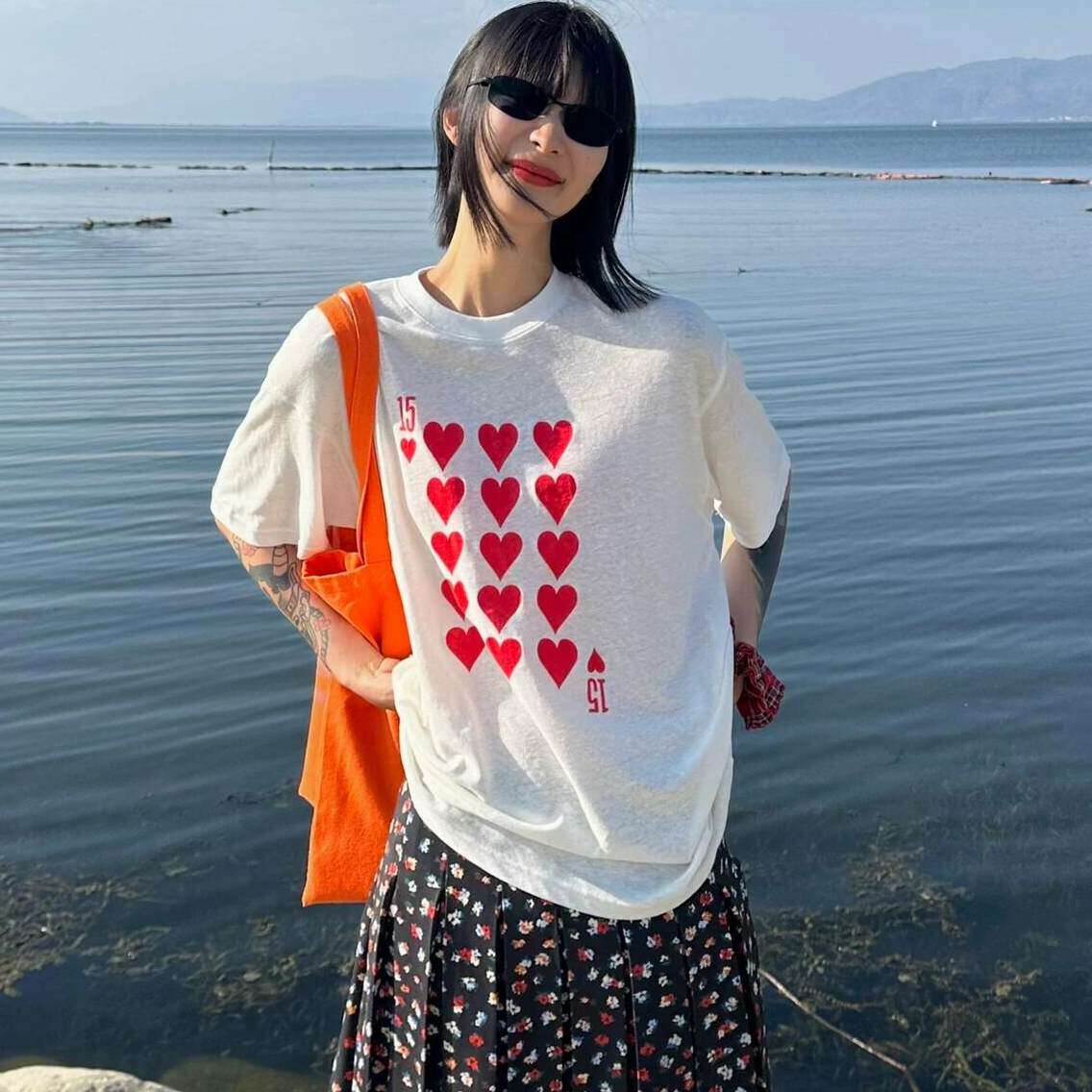 韩系小众红桃扑克运动印花慵懒休闲宽松纯棉防晒薄款短袖T恤女夏