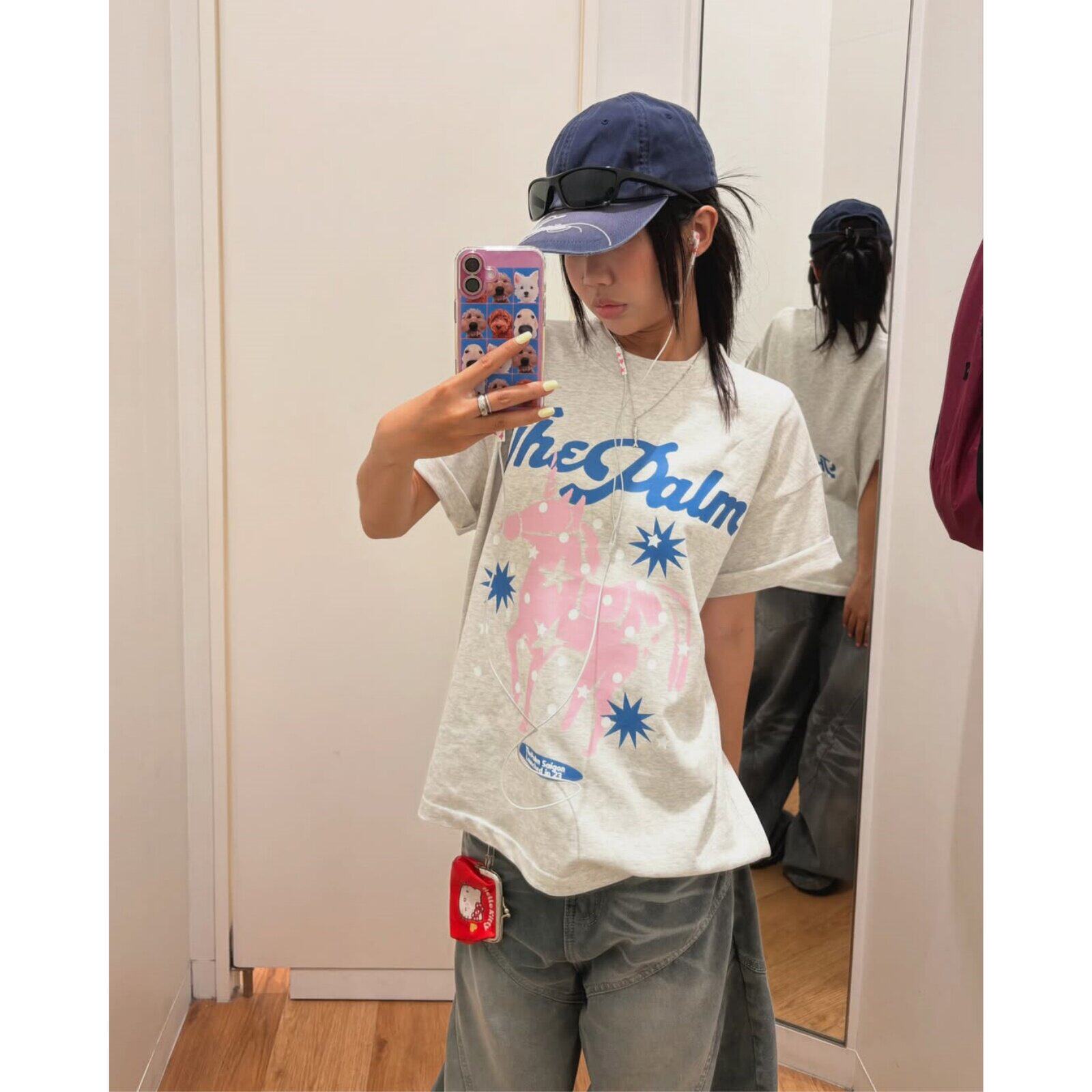 韩系ins趣味波点粉马印花夏季宽松白灰色纯棉重磅短袖T恤上衣女夏