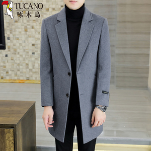 啄木鸟2023男士上衣外套风衣羊绒呢子长款西装领商务痞帅加厚毛呢