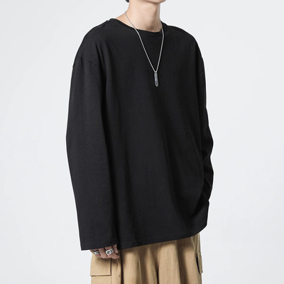 200g重磅纯棉长袖t恤宽松男女纯白色内搭T圆领秋冬打底衫全棉上衣