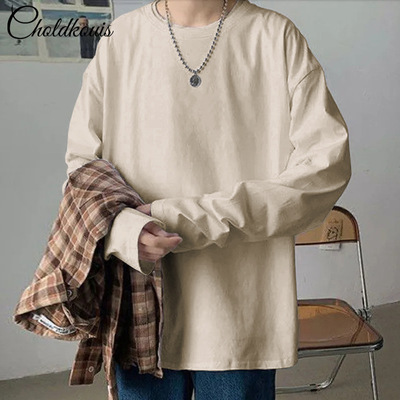 200g重磅纯棉长袖t恤宽松男女纯白色内搭T圆领秋冬打底衫全棉上衣