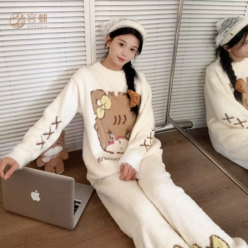 宫蝶【蓄热型】mikko秋冬睡衣女加厚半边绒保暖软绵绵甜美家居服