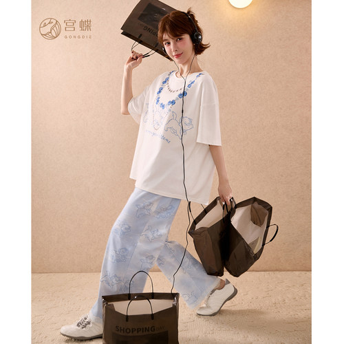 宫蝶【凉感型】迪士尼玛丽猫纯棉短袖长裤卡通睡衣女套装家居服夏
