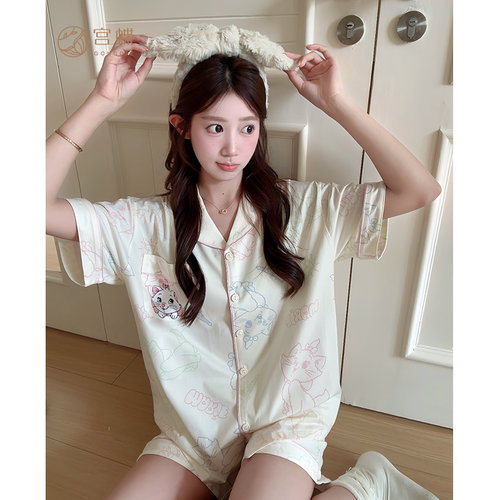 宫蝶【凉感型】迪士尼玛丽猫短袖睡衣女款夏季开衫套装外穿家居服