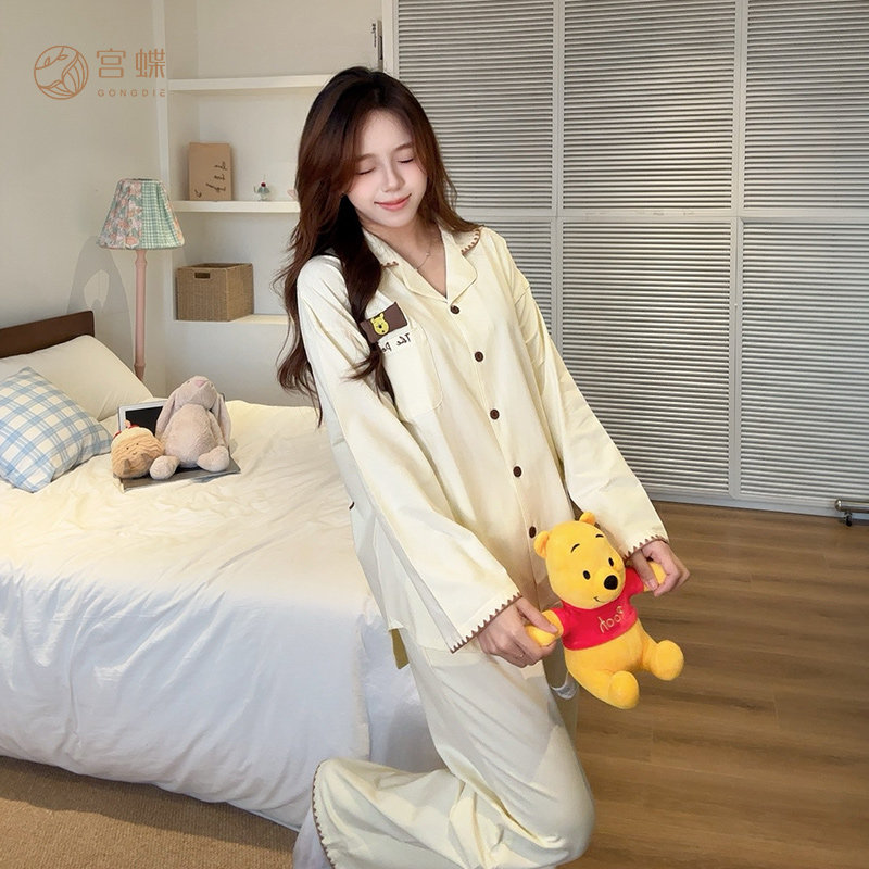 宫蝶【轻柔软】迪士尼维尼熊春秋情侣睡衣女长袖纯棉卡通家居服男