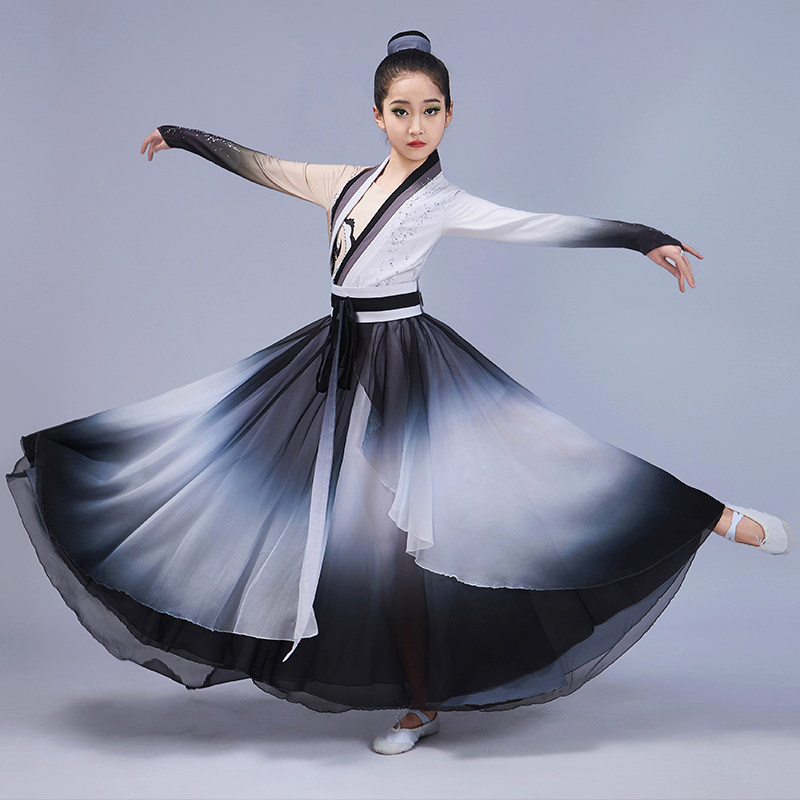 女童水墨古典舞蹈演出服儿童新款扇子舞伞舞独舞中国风汉服大摆裙