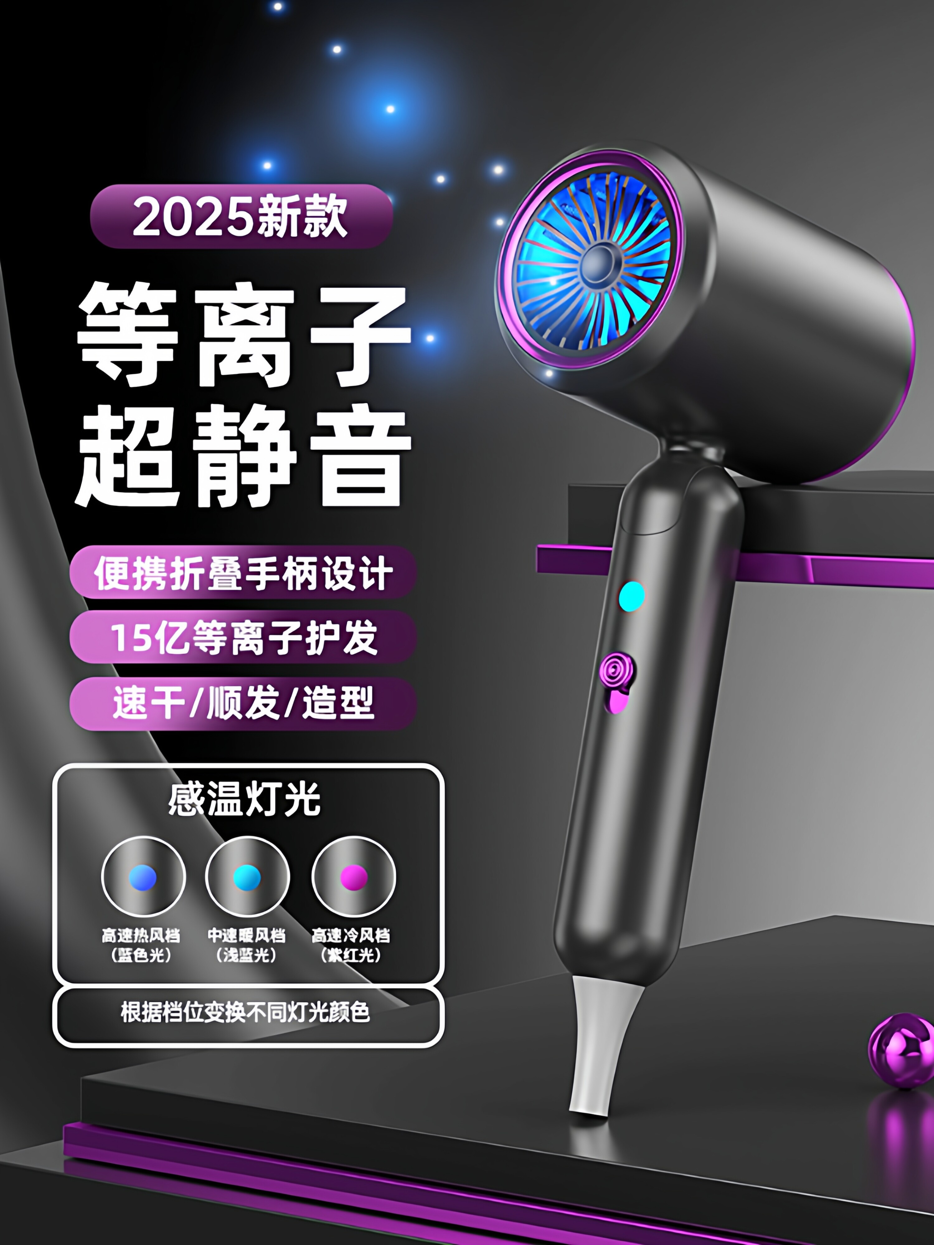 2025新款折叠便携电吹风机家用静音大功率吹风筒大风力负离子护发