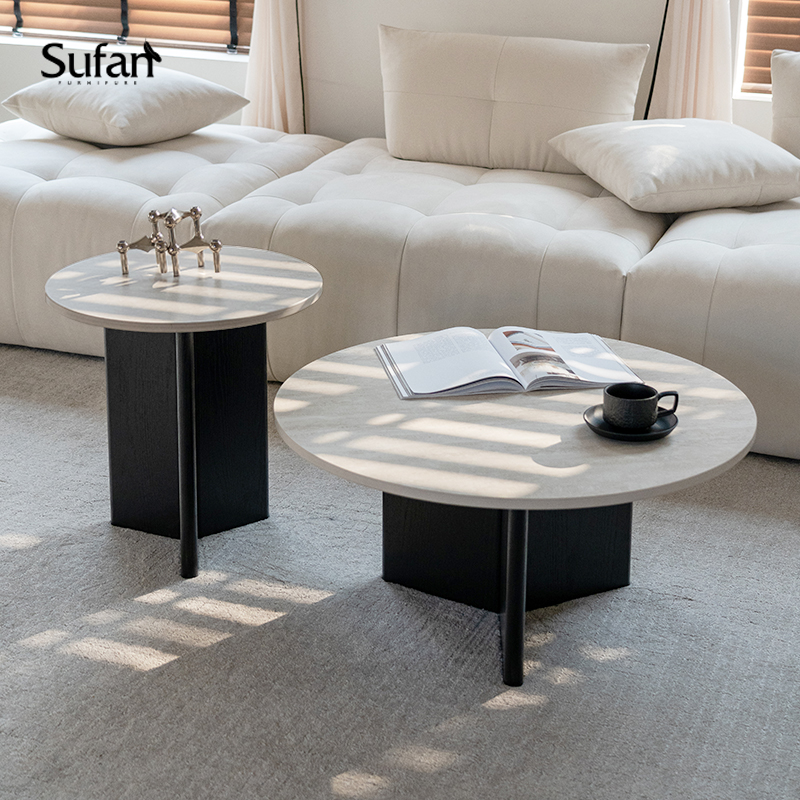 舒梵双子茶几/洞石岩板耐造/简约黑色/中古柚木色大小圆茶几组合