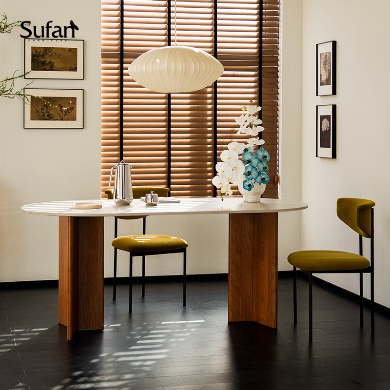 舒梵赤白餐桌洞石岩板餐桌