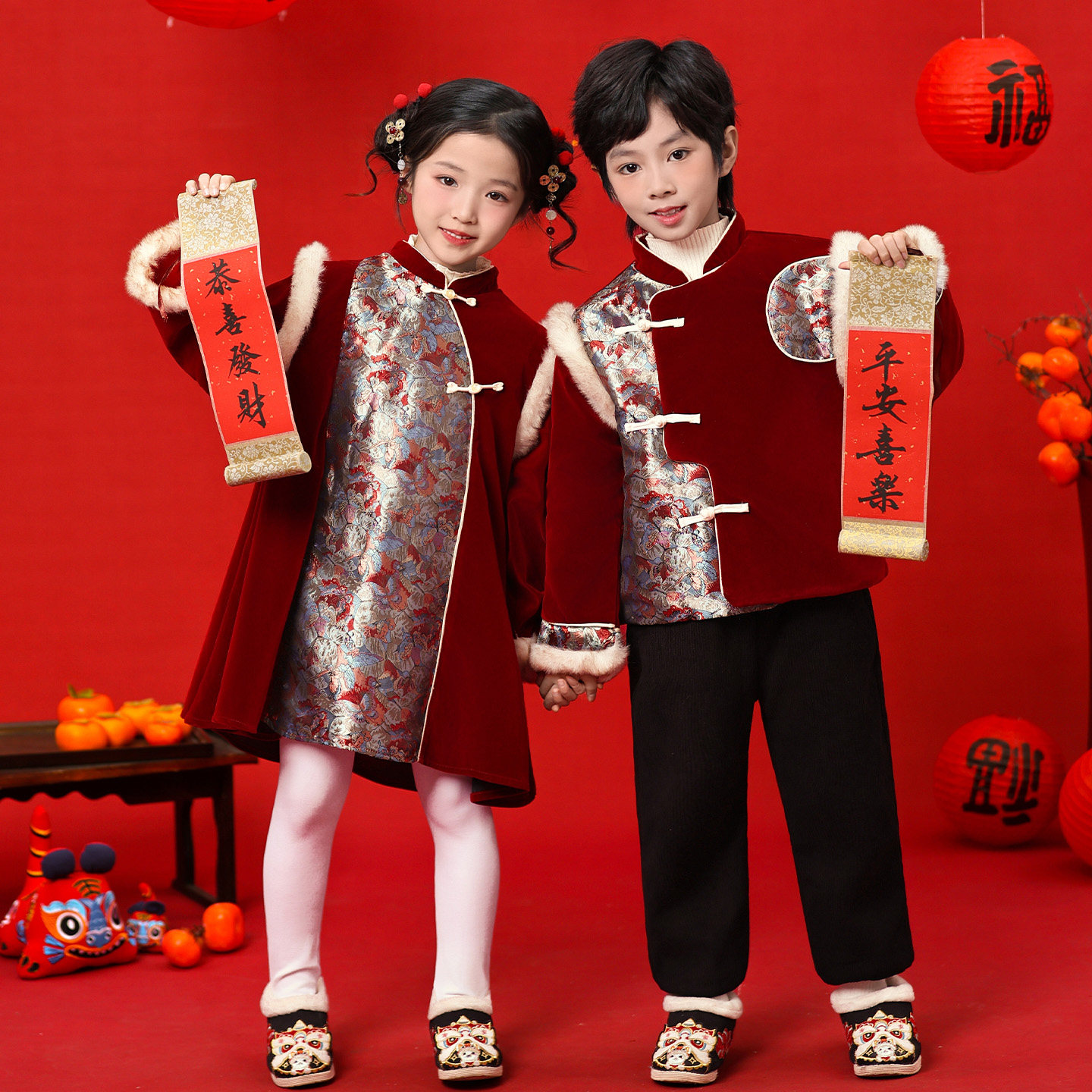 男女宝宝加厚中国风唐装儿童喜庆服拜年服兄妹装幼儿园元旦表演服