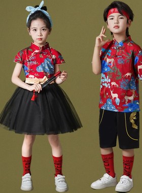 六一啦啦队舞蹈演出服幼儿园小学生运动会夏男女童中国风汉服唐装