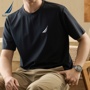 NAUTICA/诺帝卡夏季新款休闲微弹棉质圆领宽松大码上衣短袖t恤男