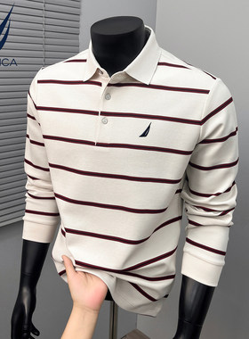 NAUTICA/诺帝卡男装秋季翻领棉质条纹长袖T恤休闲耐磨透气POLO衫