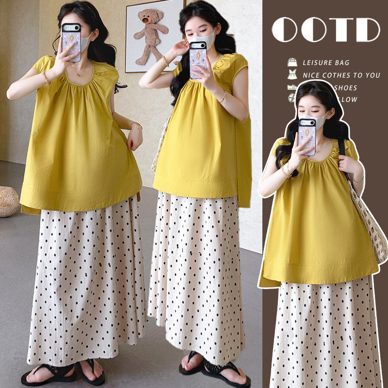 【初韵】2026孕妇夏季洗水棉圆领套头宽松上衣加棉麻波点半身裙