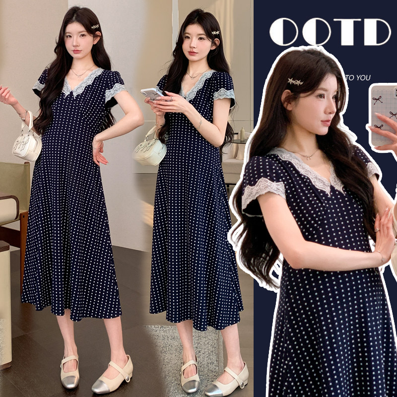 2026夏季新款时尚甜美波点弹力针织蕾丝连衣裙V领高腰显瘦孕妇裙
