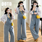 加条纹衬衣套装 2026春秋新款 宽松减龄学院气质显瘦孕妇背带裤