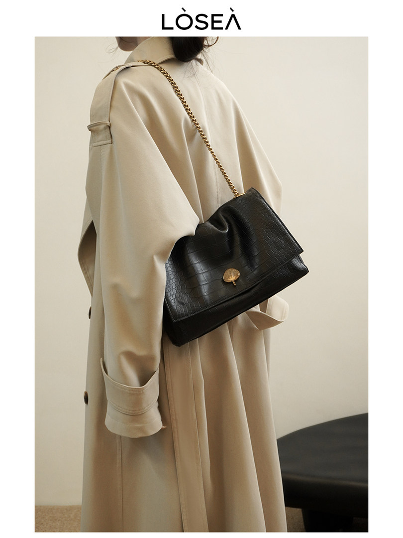 Black chain-strap shoulder bag worn over a beige coat
