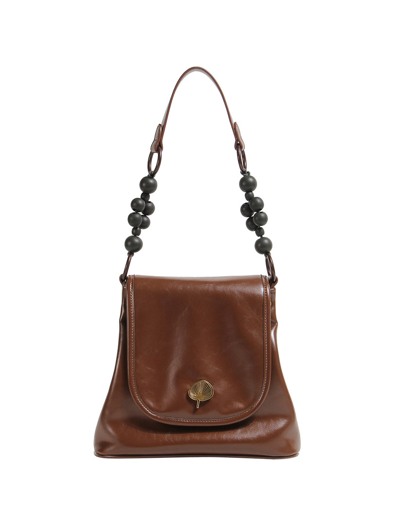 Brown leather shoulder handbag with beaded strap