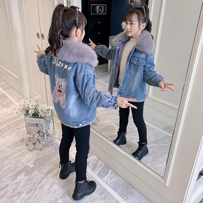 女童加绒外套2024新款儿童牛仔秋