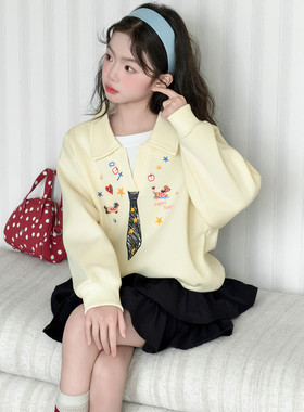 女童超好看卫衣春季2026新款儿童假两件黄色上衣女孩大童翻领衣服