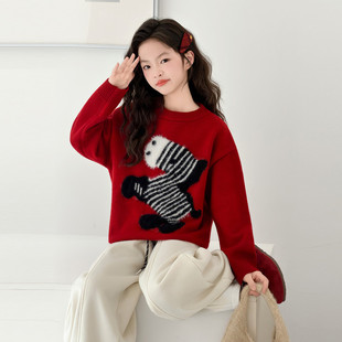 女童加厚毛线衣冬装2026新款儿童红色毛衣内搭女大童初中生过年服