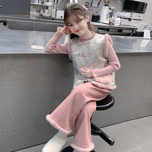 女童套装2025新款秋冬装儿童洋气汉服中式国风加绒加厚女孩三件套